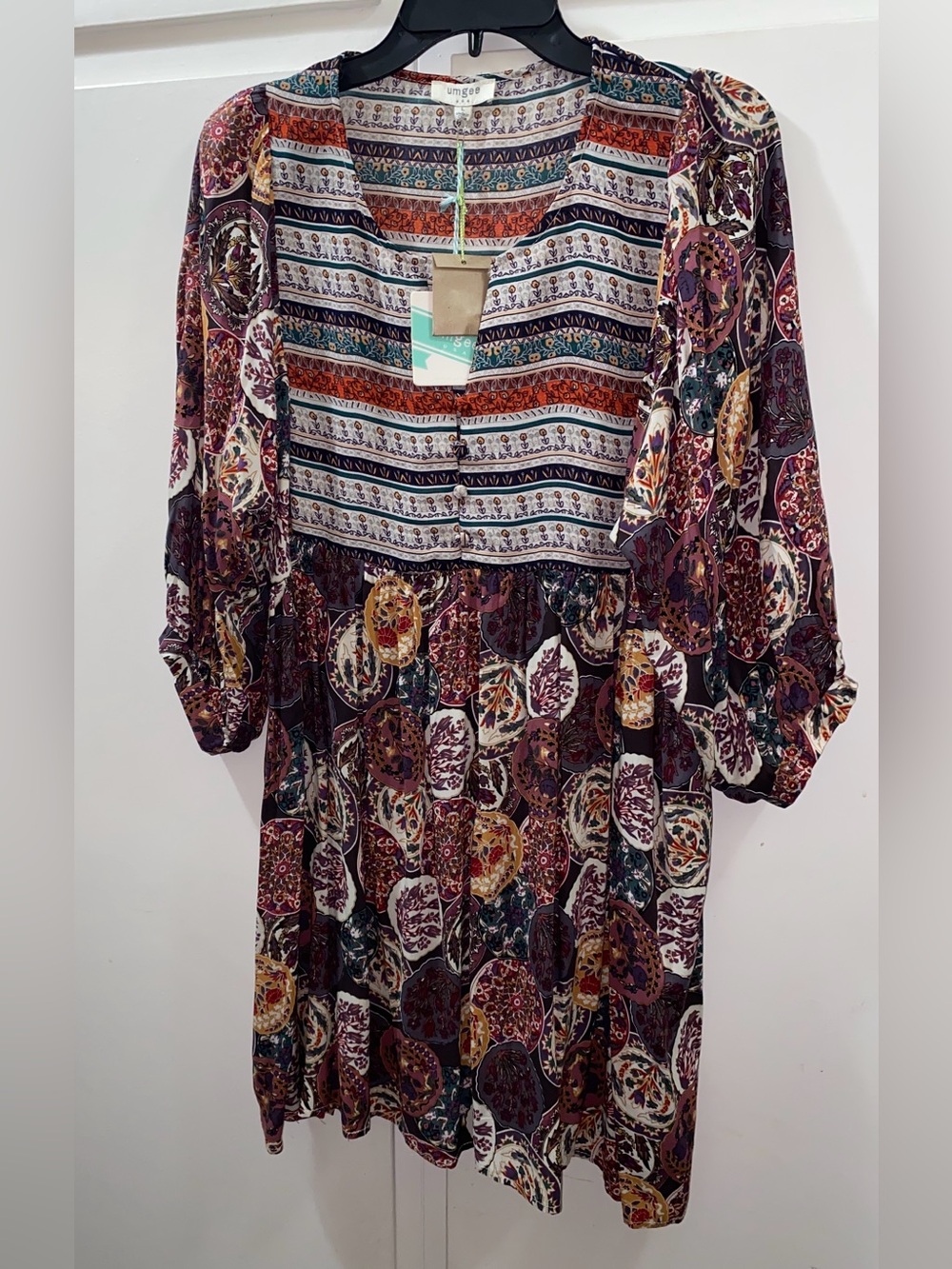 Umgee USA Boho Patchwork Babydoll Dress Size L NWT Balloon Sleeves
